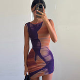 Fall Backless Slim Fit Round Neck Sheath Print Dress